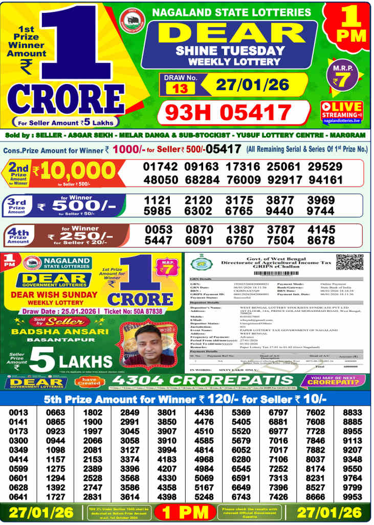 Lottery Sambad 1 pm Result 27.01.2026