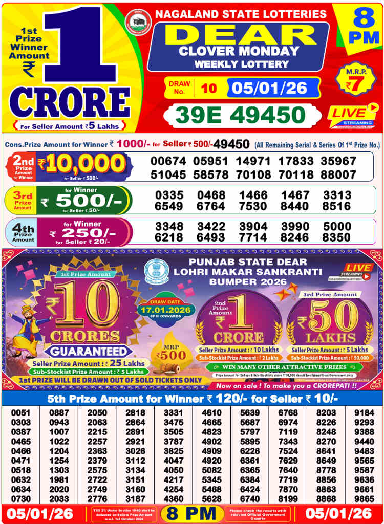 Lottery Sambad 8 PM result 05.01.2026