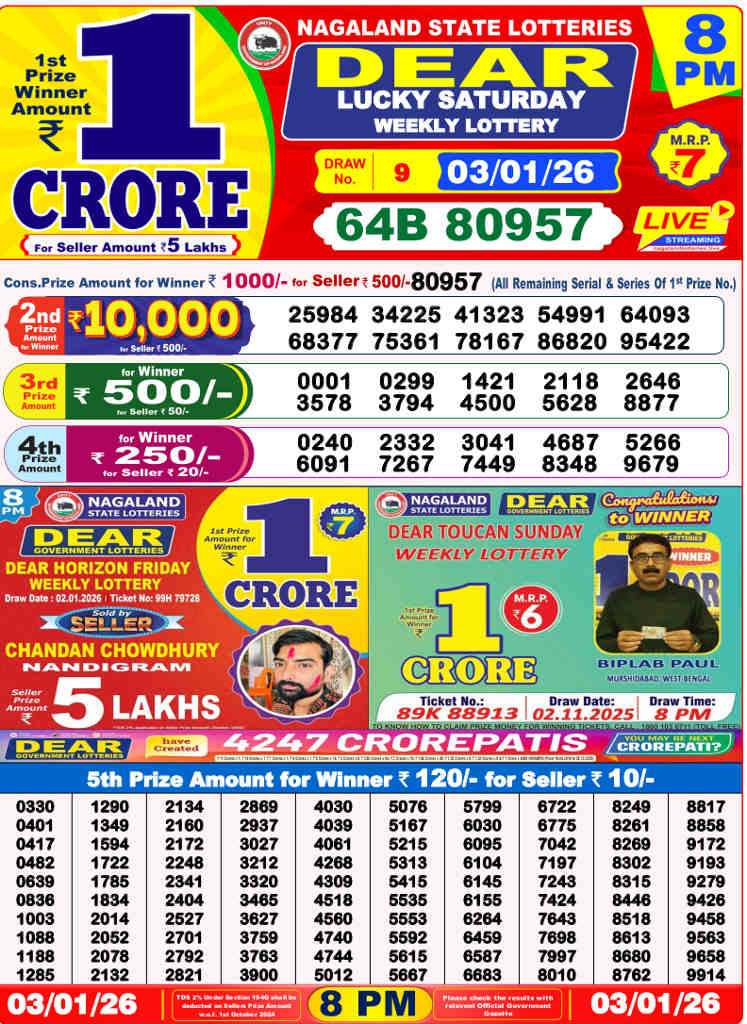 Lottery Sambad 8 PM result 03.01.2026