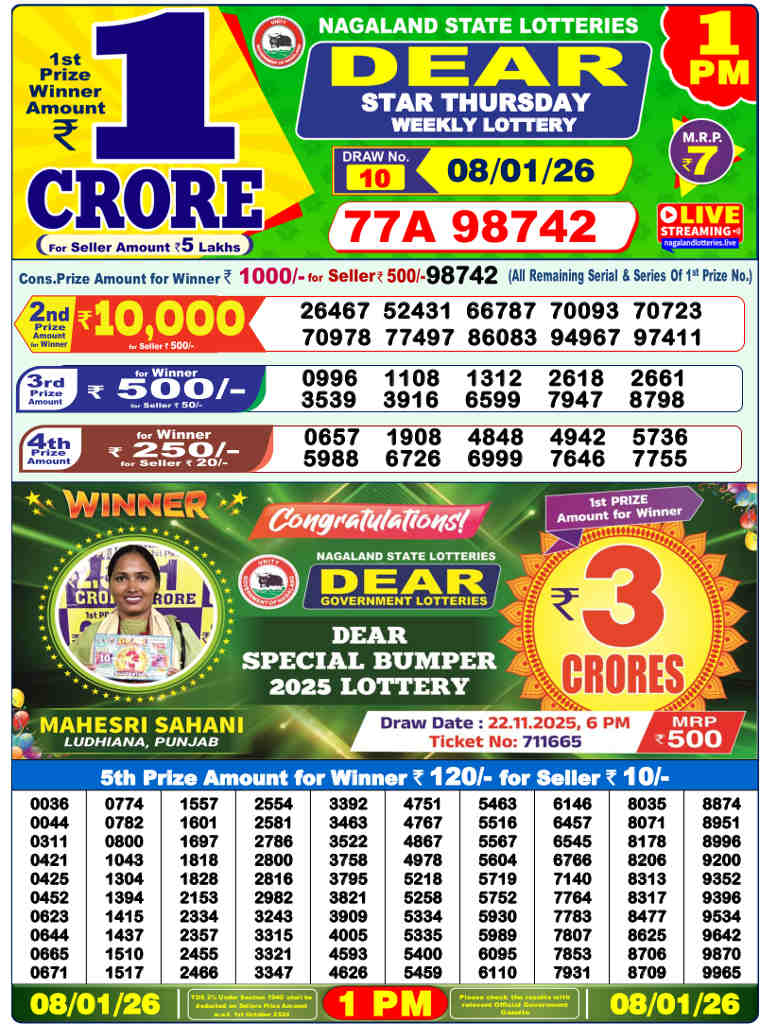 Lottery Sambad 1 PM result 08.01.2026