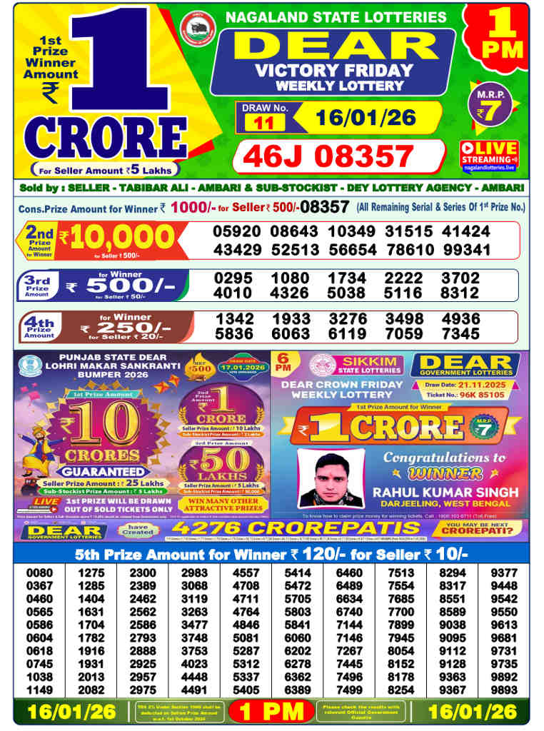 Lottery Sambad 1 pm Result 16.1.2026