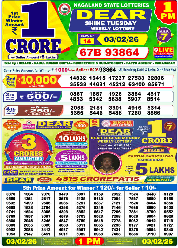 Lottery Sambad 1 pm Result 03.02.2026