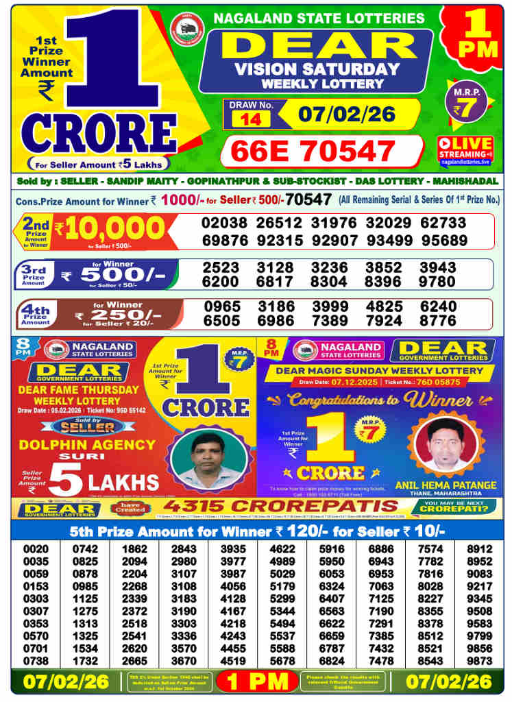 Lottery Sambad 1 pm Result 07.02.2026