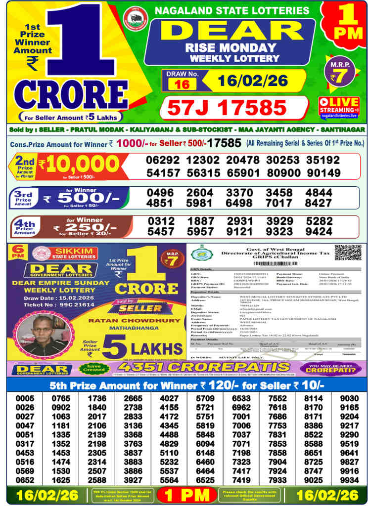 Lottery Sambad 1 pm Result 16.02.2026