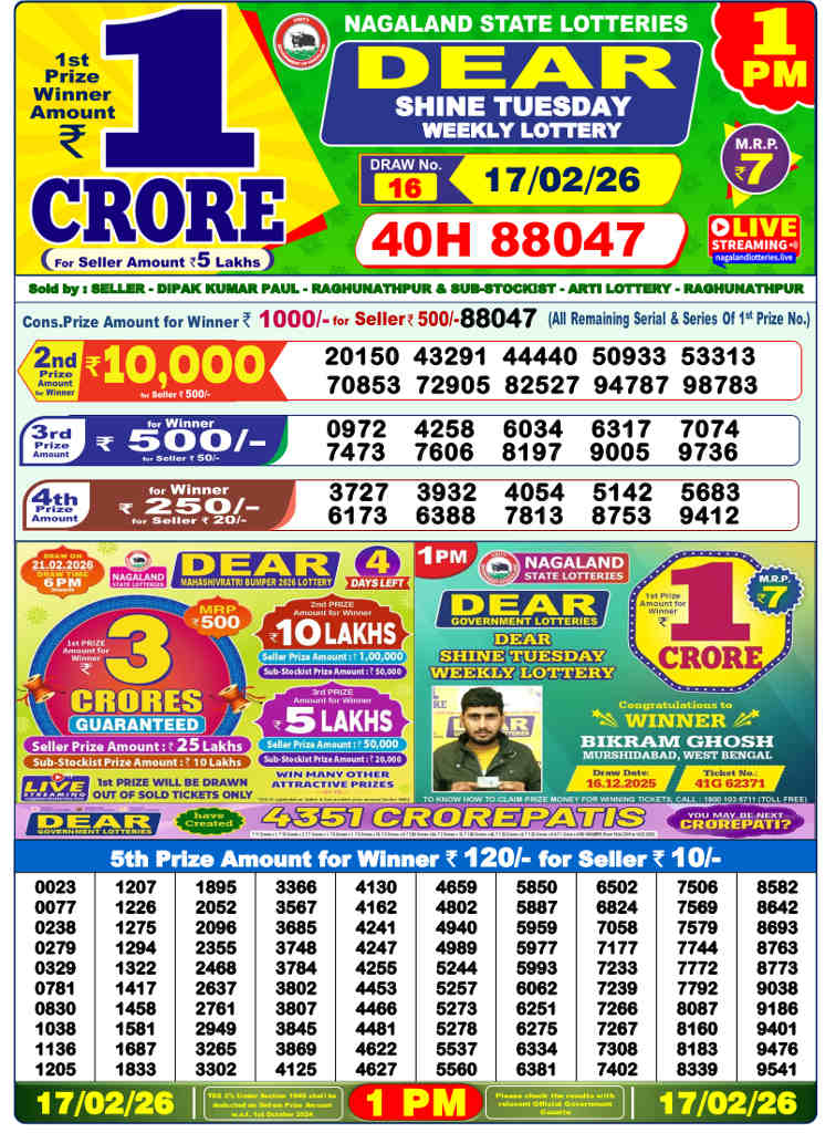 Lottery Sambad 1 pm Result 17.02.2026
