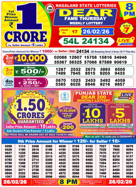 Lottery Sambad 8 PM Result 26.2.2026