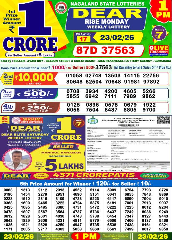 Lottery Sambad 1 pm Result 23.02.2026