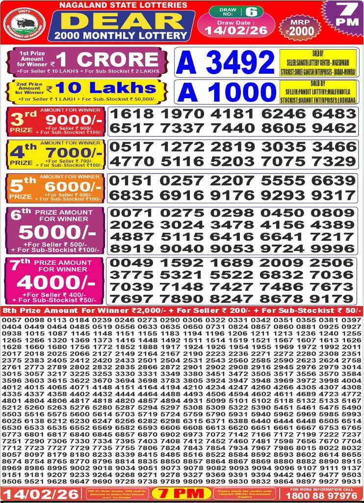 Nagaland Dear 2000 Monthly Lottery Result 14.02.2026