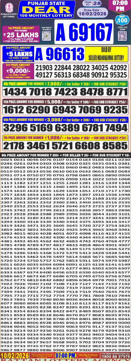 Punjab dear 100 monthly lottery result 10.2.2026