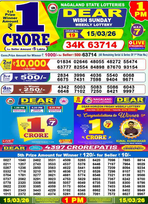 Lottery Sambad 1 PM Result 15.3.2026