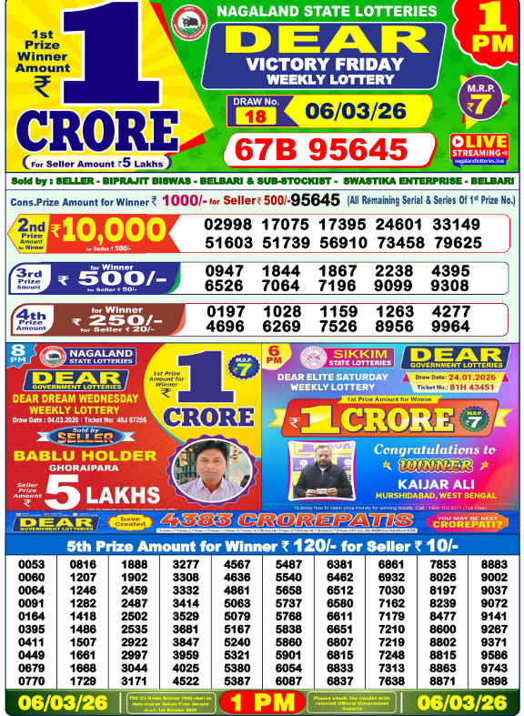 Lottery Sambad 1 PM Result 6.3.2026