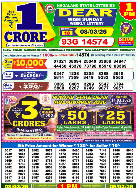 Lottery Sambad 1 PM Result 8.3.2026