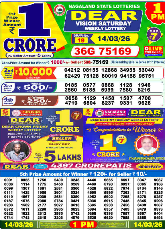 Lottery Sambad 1 PM Result 14.3.2026