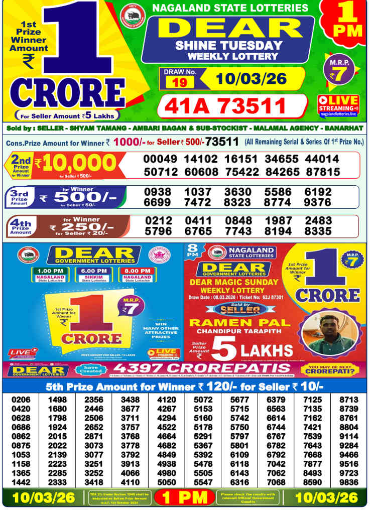 Lottery Sambad 1 PM Result 10.3.2026
