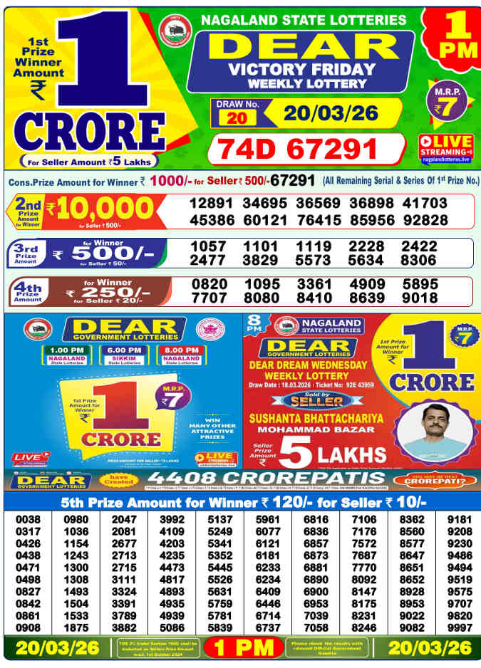 Lottery Sambad 1 PM Result 20.3.2026