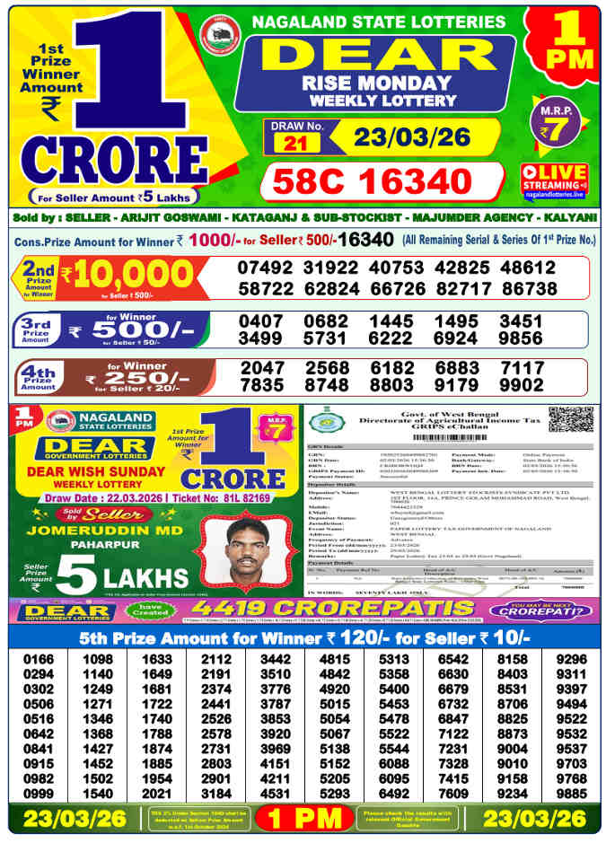 Lottery Sambad 1 PM result 23.3.2026