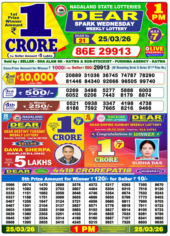 Lottery Sambad 1 PM result 25.3.2026