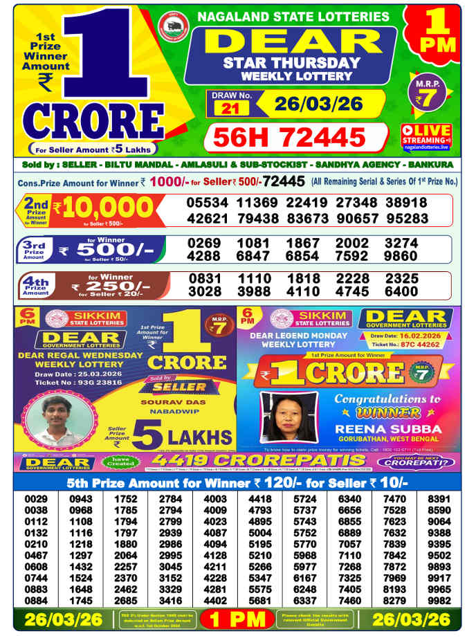 Lottery Sambad 1 PM result 26.3.2026