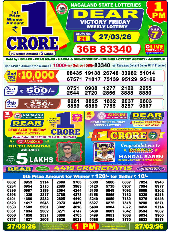 Lottery Sambad 1 PM result 27.3.2026