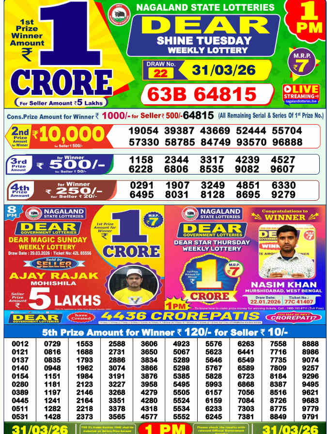 Lottery Sambad 1 PM result 31.3.2026