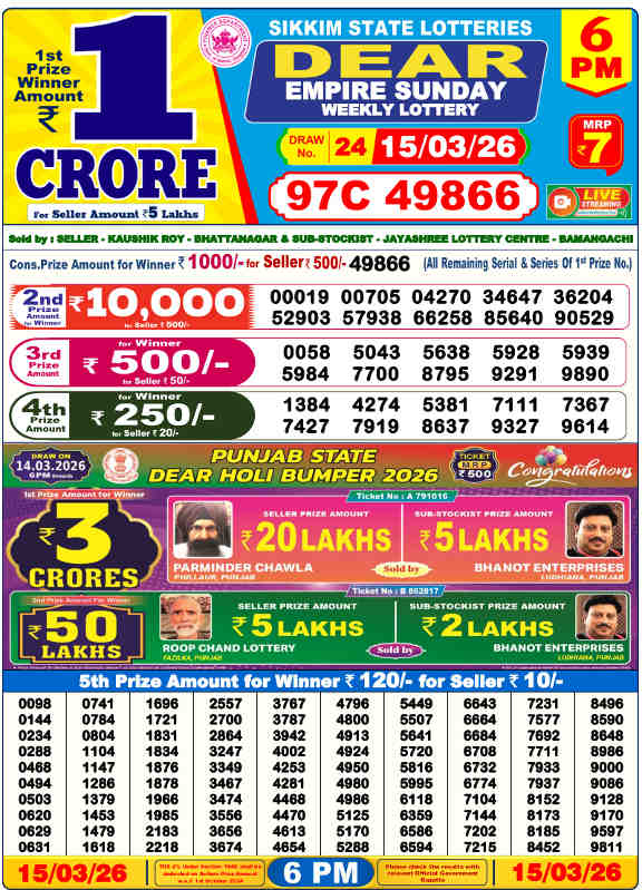 Lottery Sambad 6 PM Result 15.3.2026