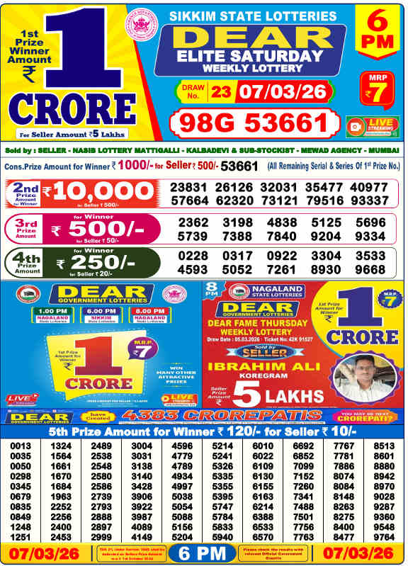 Lottery Sambad 6 PM Result 7.3.2026