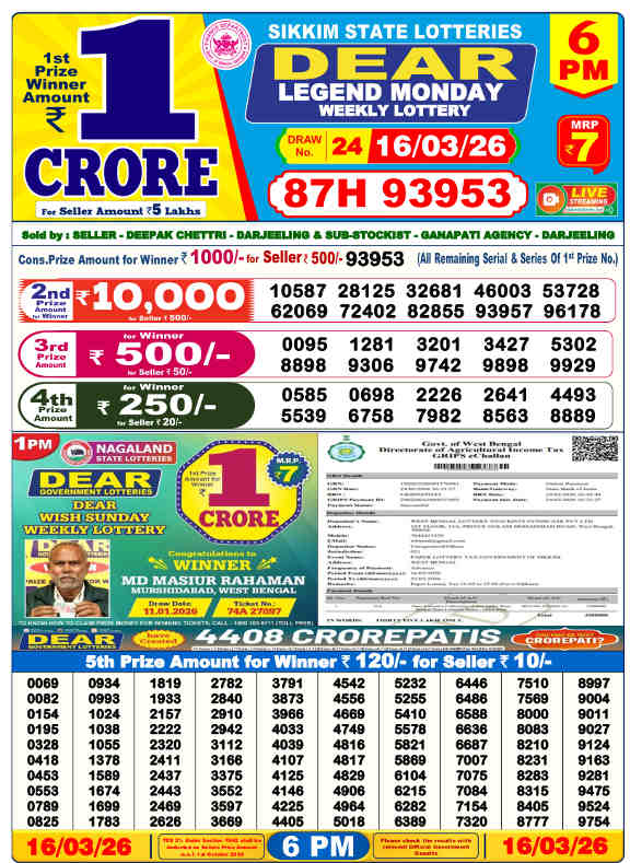 Lottery Sambad 1 PM Result 16.3.2026