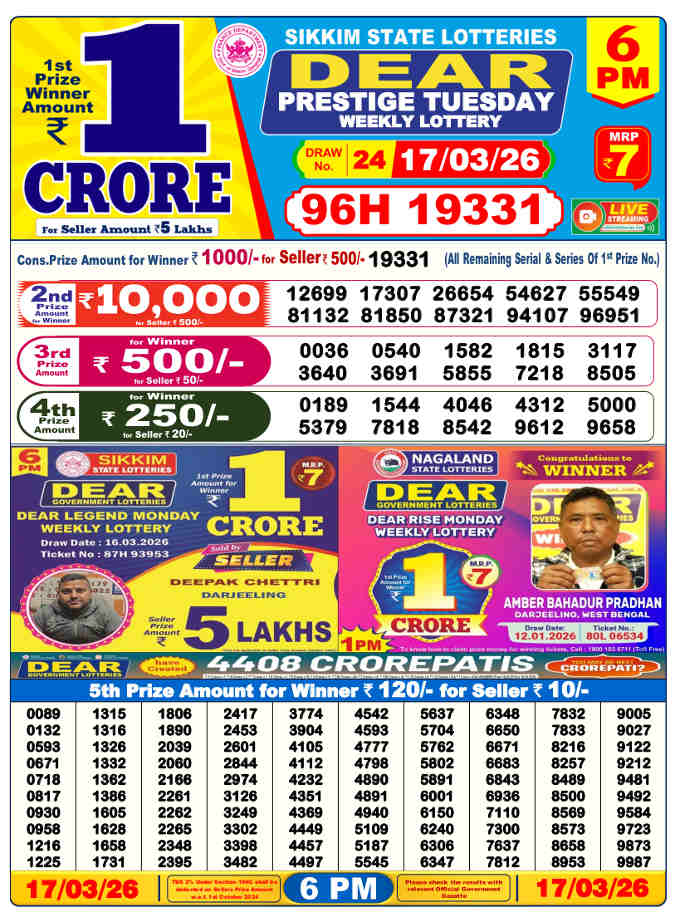 Lottery Sambad 6 PM Result 17.3.2026