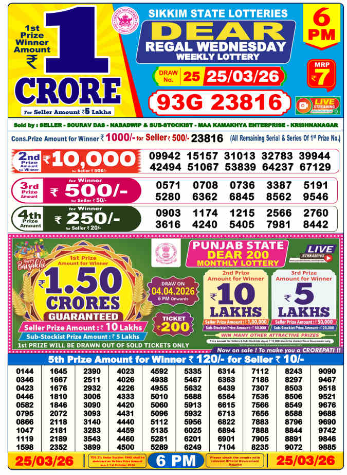 Lottery Sambad 6 PM result 25.3.2026