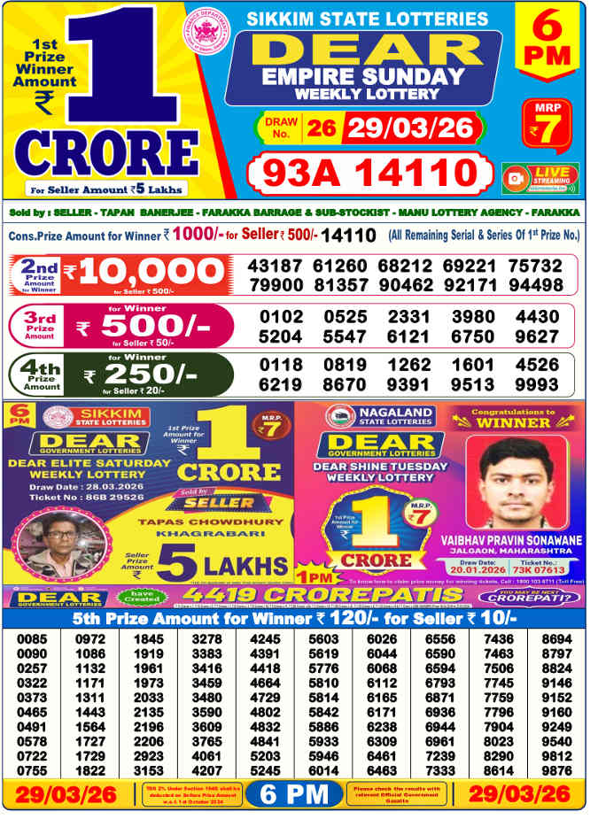 Lottery Sambad 6 PM result 29.3.2026