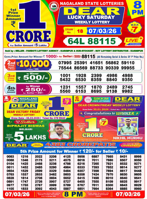 Lottery Sambad 8 PM Result 7.3.2026