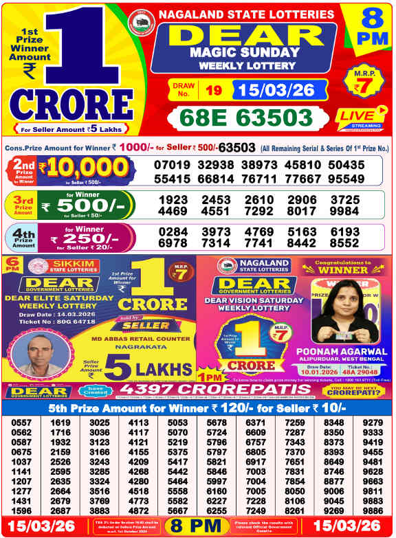 Lottery Sambad 8 PM Result 15.3.2026