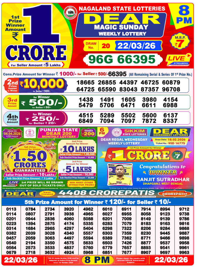 Lottery Sambad 8 PM result 22.3.2026
