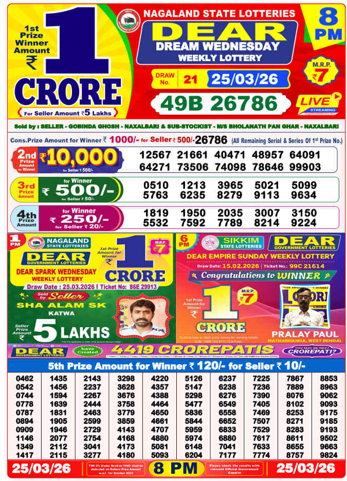 Lottery Sambad 8 PM result 25.3.2026