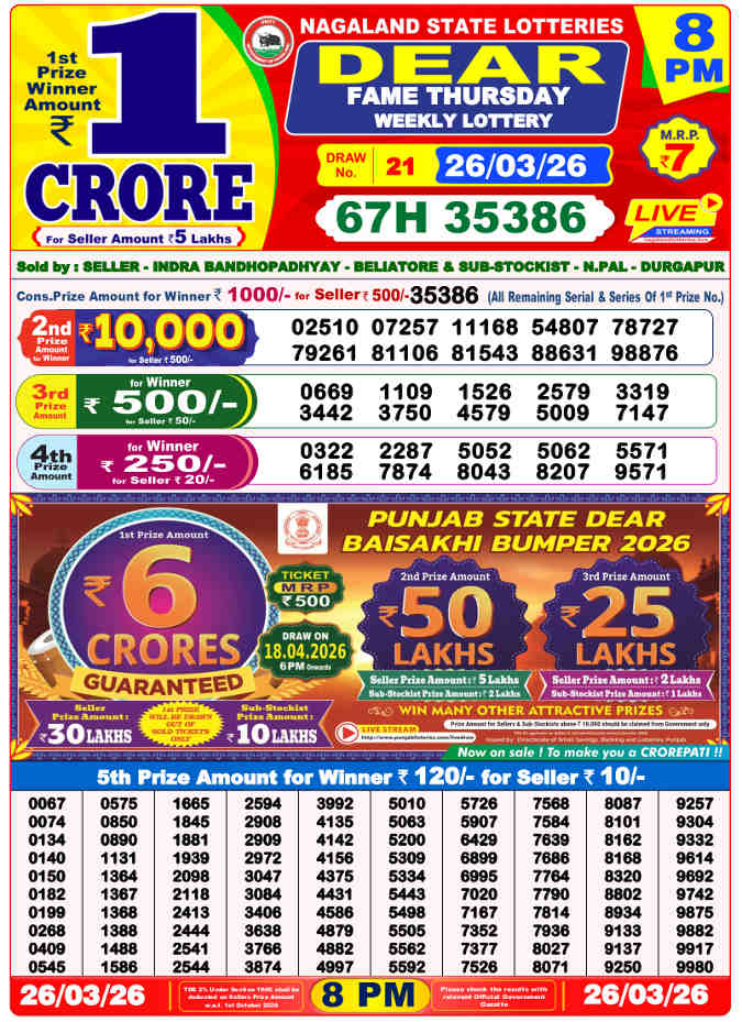 Lottery Sambad 8 PM result 26.3.2026