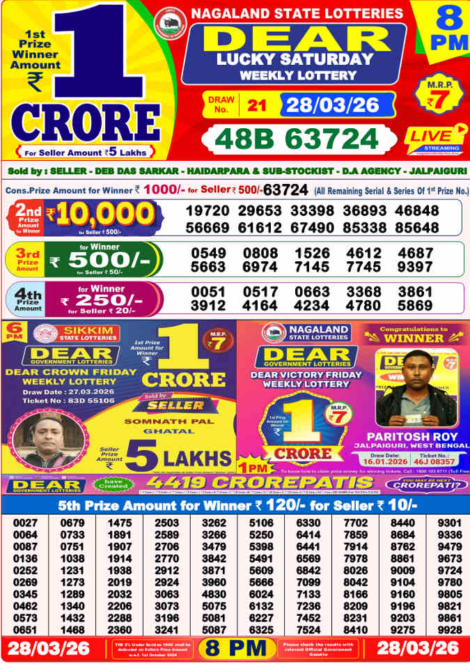 Lottery Sambad 8 PM result 28.3.2026