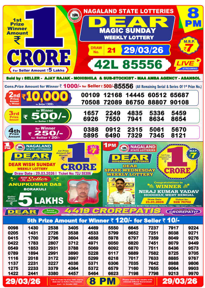 Lottery Sambad 8 PM result 29.3.2026