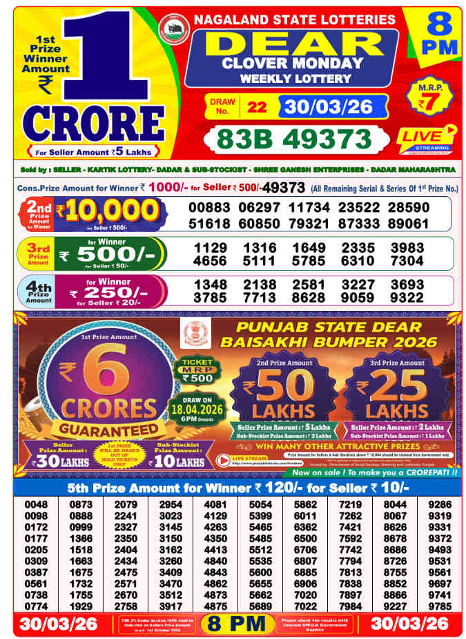 Lottery Sambad 8 PM result 30.3.2026