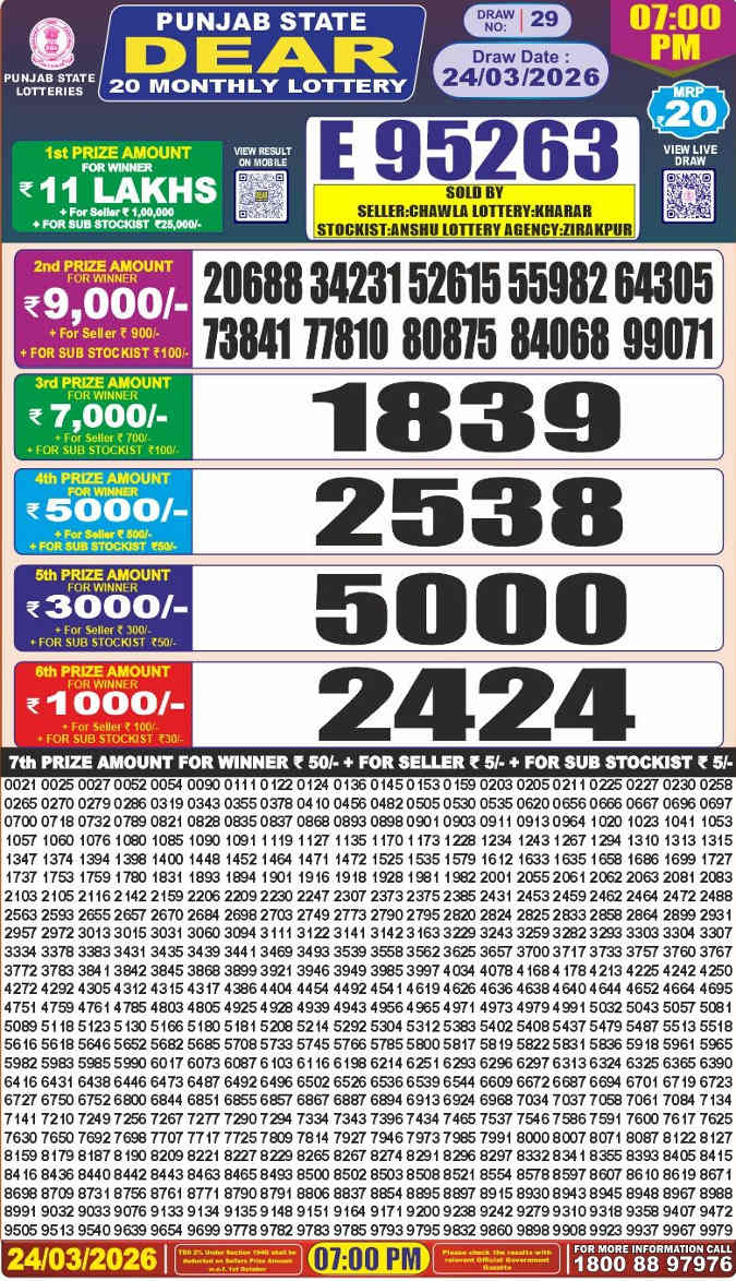 Punjab Dear 20 Monthly Lottery Result 24.03.2026