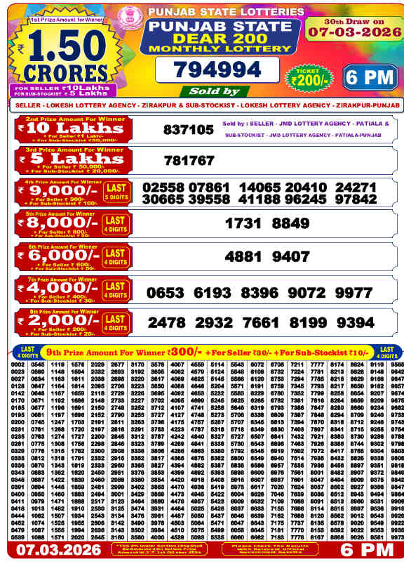 Punjab Dear 200 Result 07.03.2026