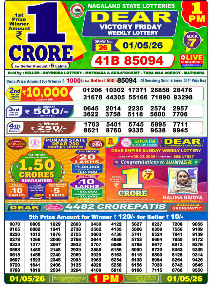 Lottery Sambad 1 pm Result 1.5.2026