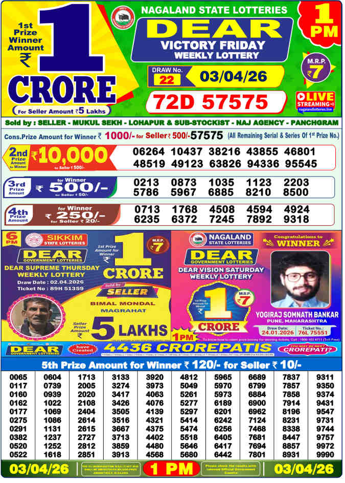 Lottery Sambad 1 PM result 3.4.2026