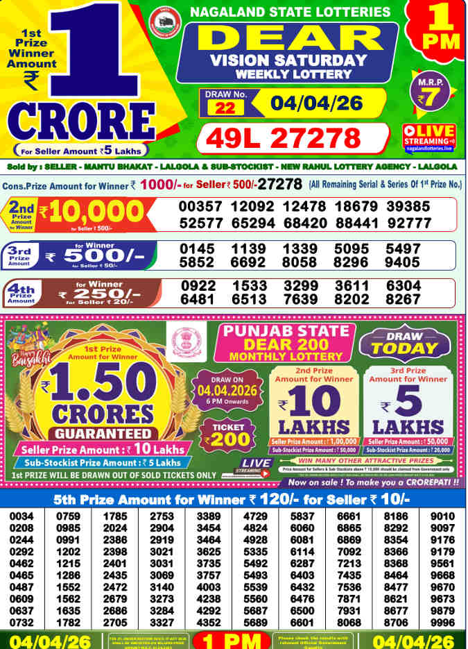 Lottery Sambad 1 PM result 4.4.2026