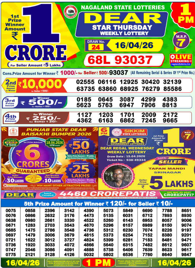 Lottery Sambad 1 pm Result 16.4.2026
