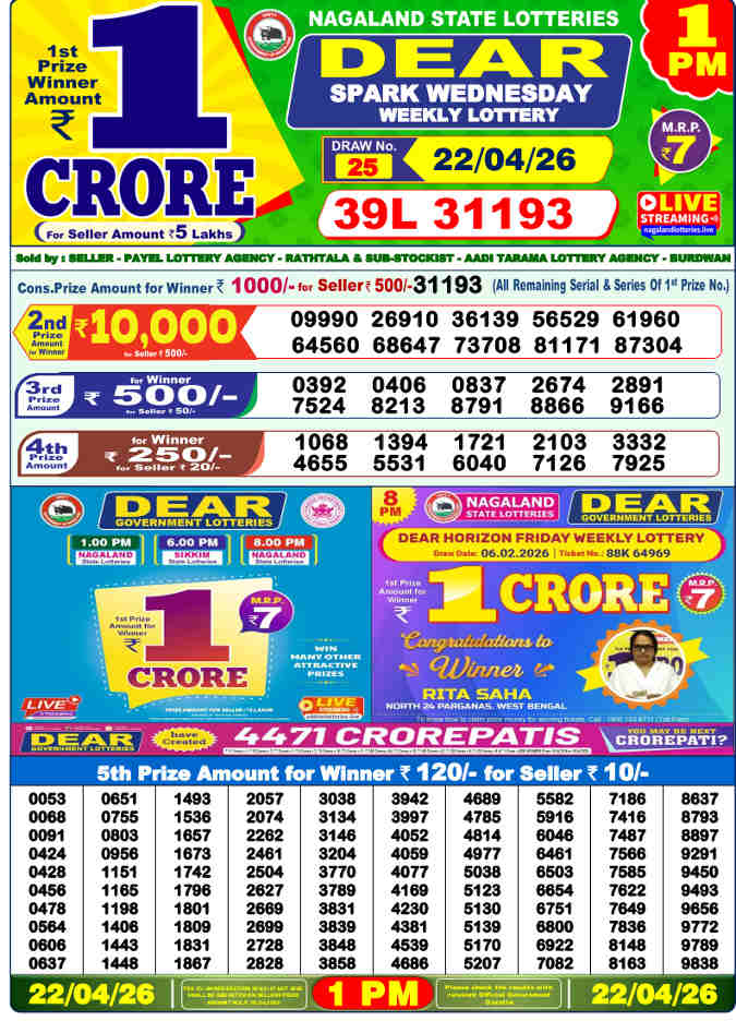 Lottery Sambad 1 pm Result 22.4.2026