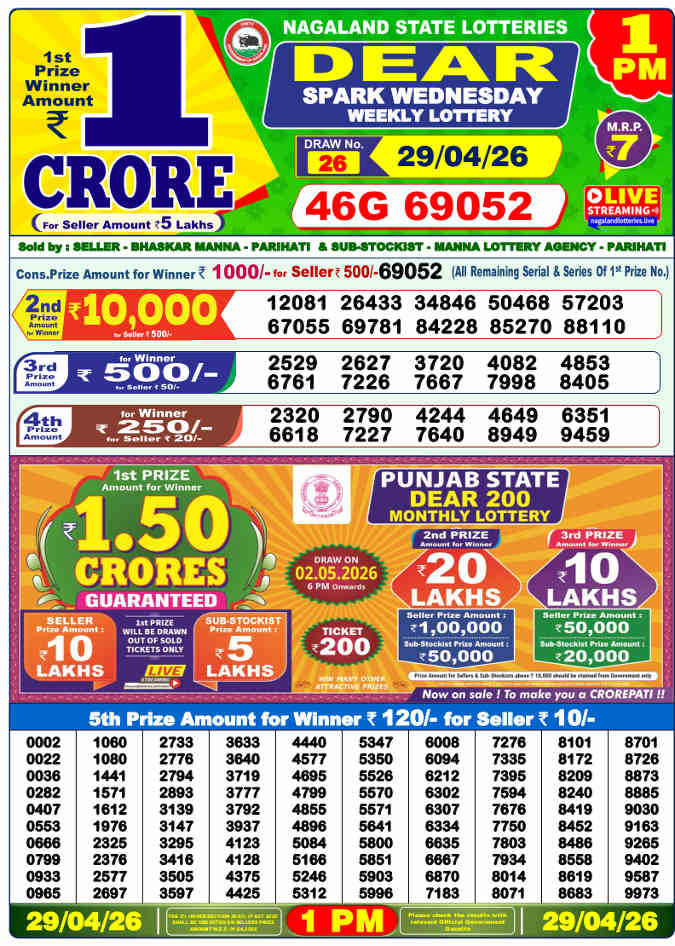 Lottery Sambad 1 pm Result 29.4.2026