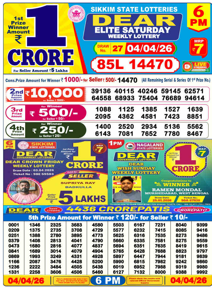Lottery Sambad 6 PM result 4.4.2026