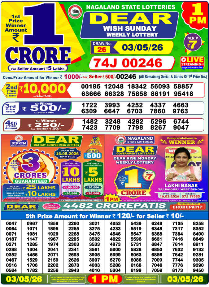 Lottery Sambad 1 pm Result 3.5.2026