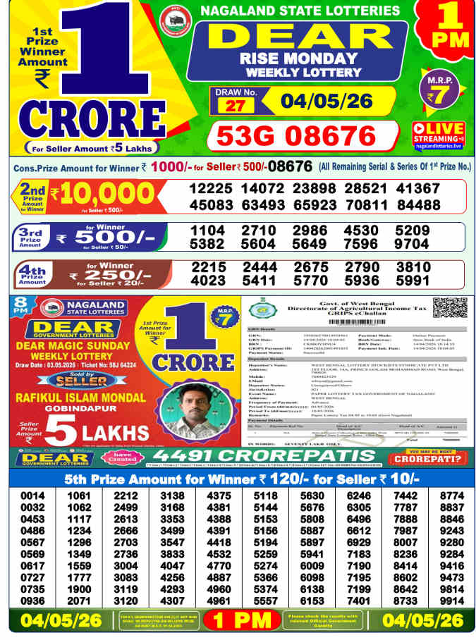 Lottery Sambad 1 pm Result 4.5.2026