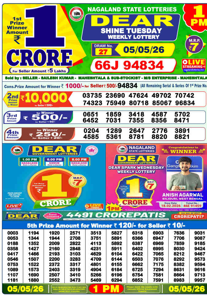 Lottery Sambad 1 pm Result 5.5.2026